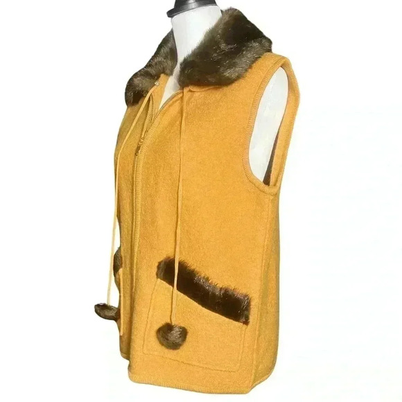 Vintage 90s Mustard 100% Boiled Wool Brown Faux Fur Collar Vest. Size Medium EUC - Picture 2 of 9